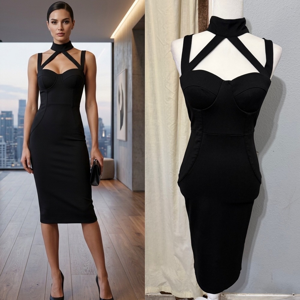 Black Midi Dress Size M‎ Cutout Choker Neck Bodycon Gothic Padded LBD Clubwear